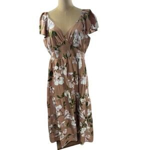 "EXPRESS" Women's Tan Magnolia Floral Maxi Prairie Dress Ruched SZ XL‎ Cowgirl